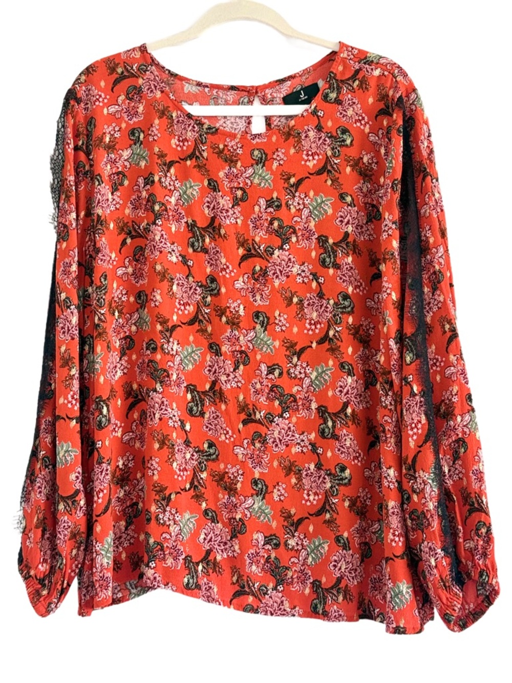 J Jason Wu Long Sleeve Foil Print Woven Blouse w/ Lace Trim XL